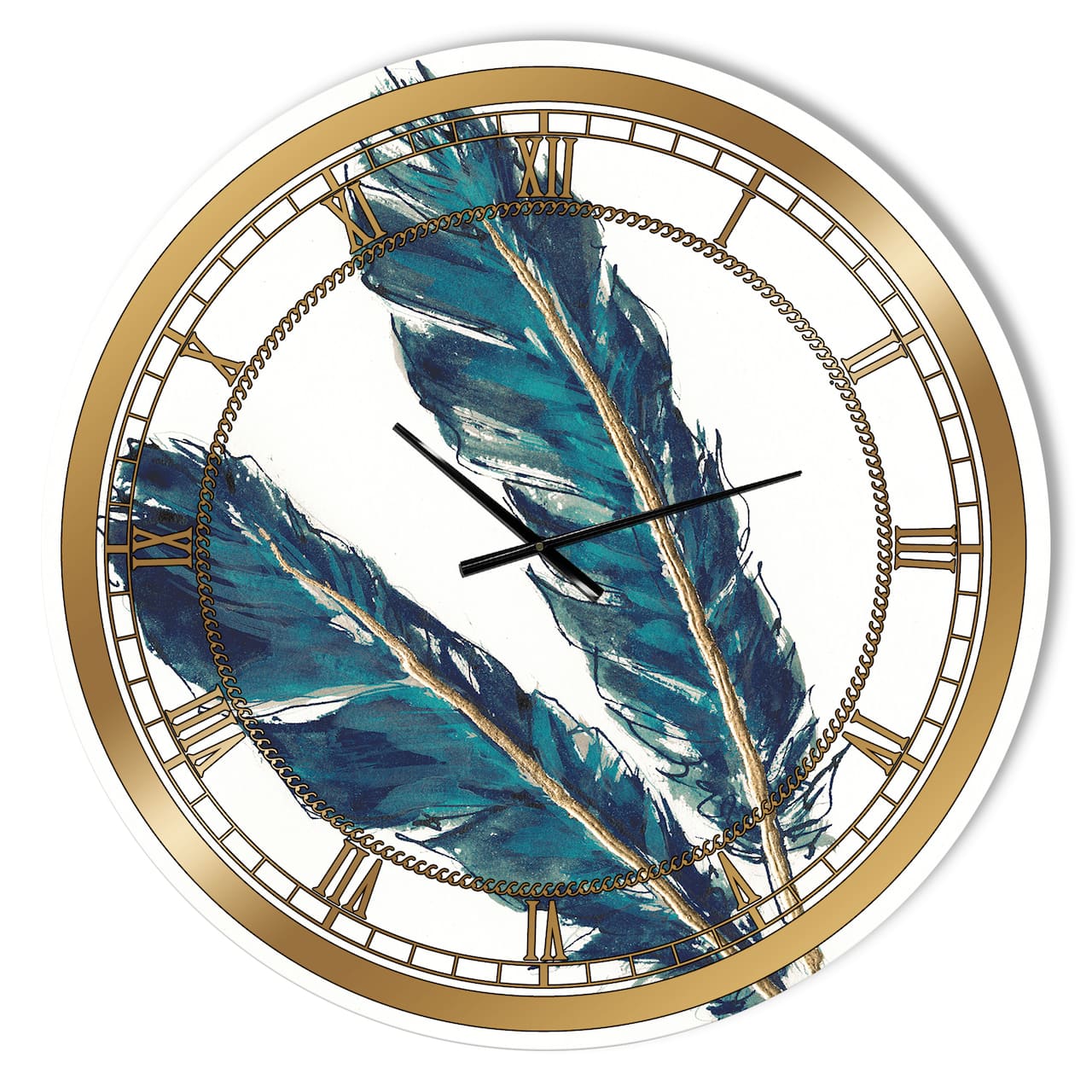 Designart Gold & Indigo Feathers III Glam Wall Clock